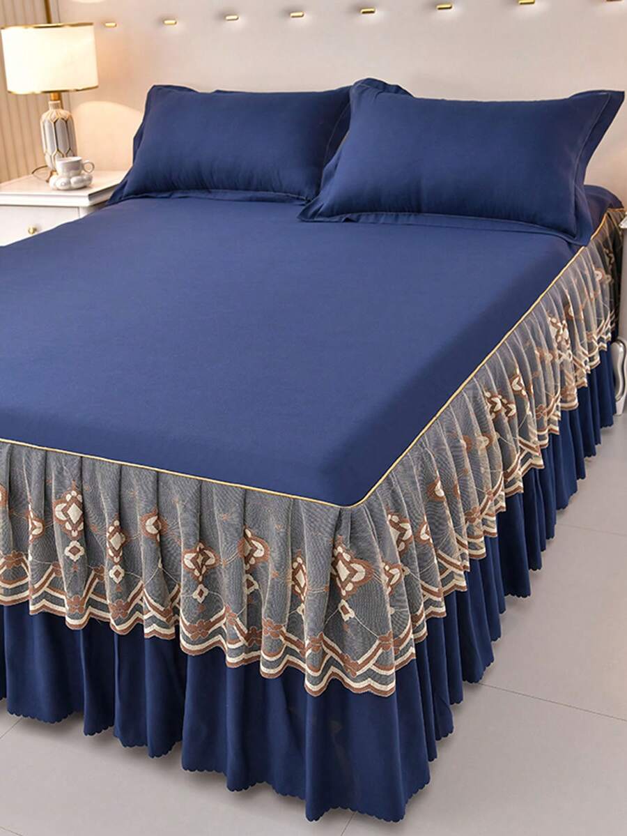 1套純色床裙套裝,帶蕾絲邊緣床裙,床邊裝飾套裝,包括1床裙和2枕套 - 藏蓝色 - 查看 1