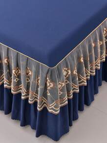 1套純色床裙套裝,帶蕾絲邊緣床裙,床邊裝飾套裝,包括1床裙和2枕套 - 藏蓝色 - 查看 5