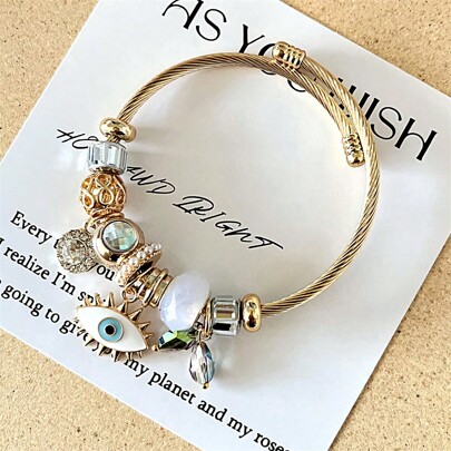 1pc Evil Eye Charm Beaded Bracelet Titanium steel Alloy Rhinestone Charm Beaded Bracelet