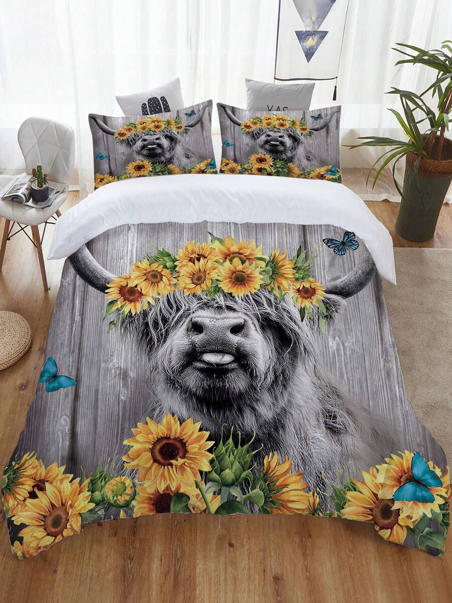 3入組薰衣草牛頭花印花床品套裝,柔軟舒適的被套,適用於臥室、客房 (1張被套 + 2枕套,不含床核) - 彩色 - 查看 1