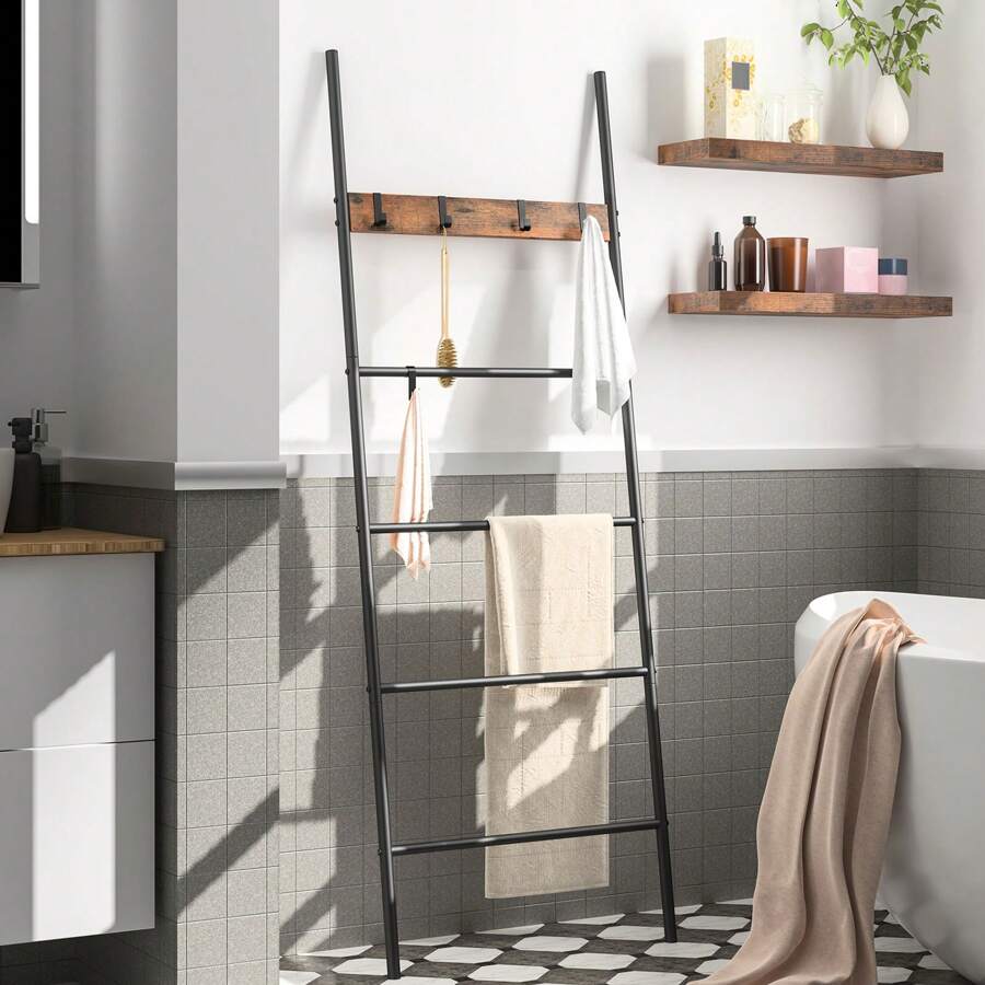 HOOBRO Towel Ladder, Towel Rack, Towel Rack, Clothes Rack, 5 Removable Hooks, 60 X 177 Cm, For Bath Towels, Clothes, Blankets, Newspapers, Space Saving, Sturdy, Industrial Style - Brown - View 1