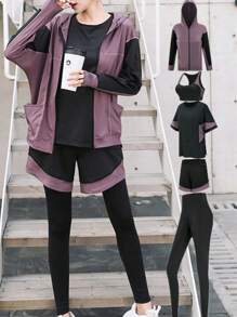 5入組大學風瑜珈服裝,戶外健身跑步防曬運動套裝,長袖和長褲 - 紫羅蘭色 - 查看 1