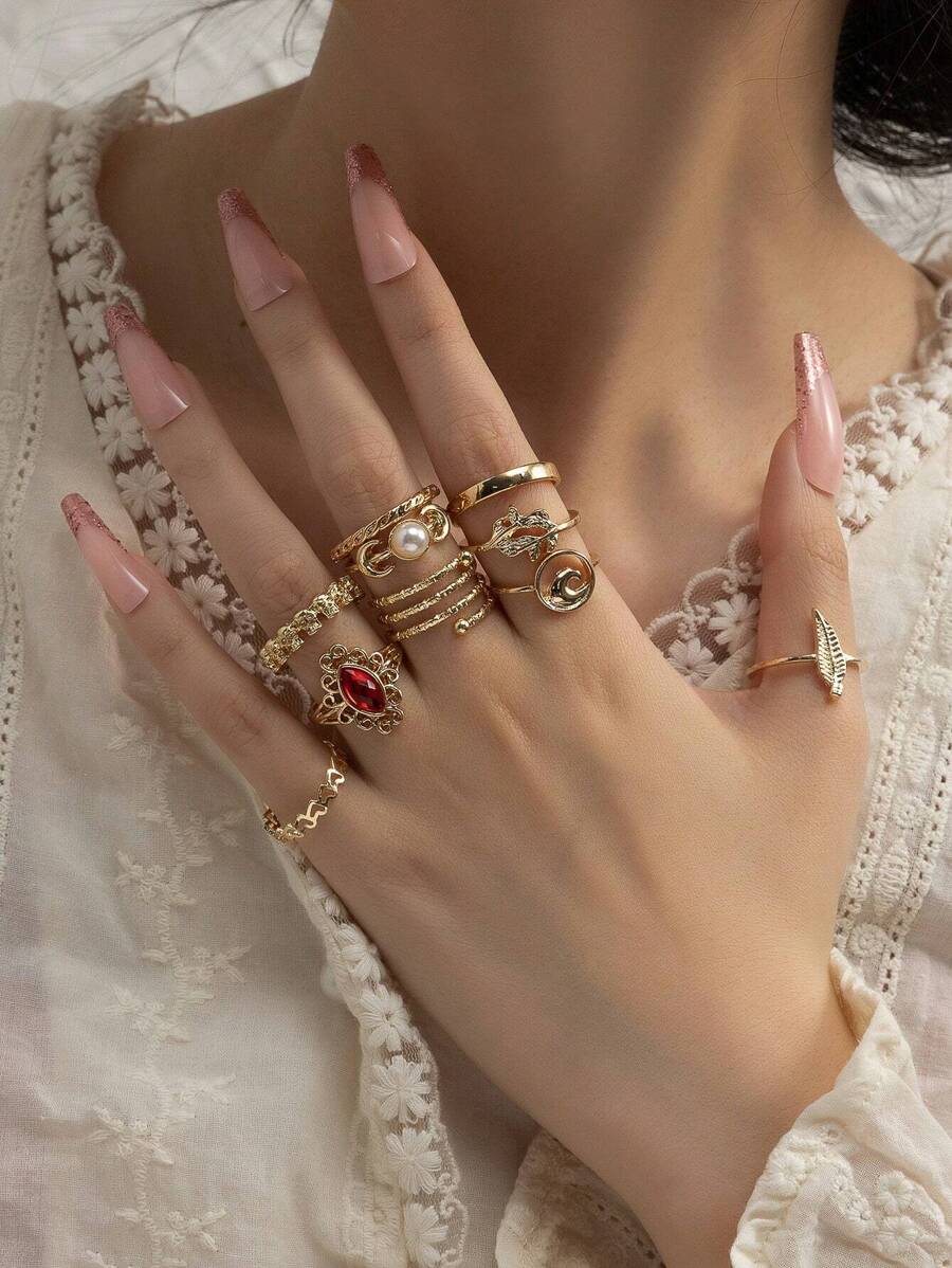 10 Cái/bộ Nữ Hợp Kim Mặt Trăng, Đầu Lâu, Ngọc Trai Giả, Ruby, Vàng, Vàng Ngày Nhẫn - Vàng - Xem 1