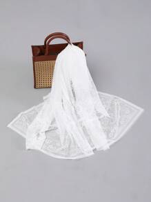 1件女士實色空心原邊聚酯紗精美裝飾仙女風圍巾,適用於約會 - 白色 - 查看 3