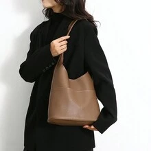 Oil Leather Corduroy Tote Bag All-Match Large Capacity Shoulder Bag Minimalist Handbag - Khaki - View 2