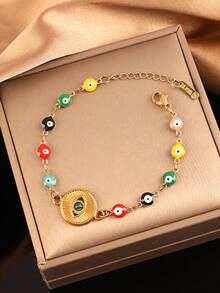 1 件時尚不銹鋼邪惡之眼手鍊女士金色眼睛吊墜珠鍊手鍊女孩珠寶派對禮物 - 金黃色 - 查看 14