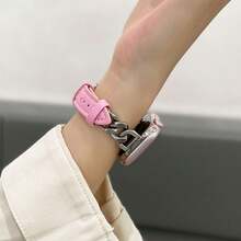 1pc High-End Chain & Denim Watch Band Compatible With Apple Watch, Breathable Creative Leather Strap - Denim Dark Blue - View 3