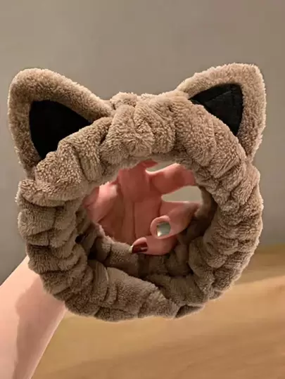 1条咖啡色毛绒卡通猫耳发带，可用于洗脸和在秋冬季扎头发，可爱又实用。猫耳头巾发带，吸汗带，秋季发带，女士度假装扮发饰，优雅围巾，柔软头巾。