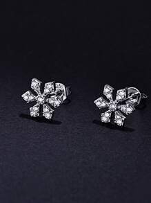 1pair Stainless Steel Mini Silver Needle Hypoallergenic Korean Fashion Six-leaf Snowflake Rhinestone Stud Earrings For Women, Great For Party, Christmas And Everyday Wear, Gift Idea - Silver - View 7