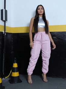 Calça Cargo TACTEL Rafaela Feminina Com bolsos faixas laterais refletivas - Rosê - Visão 2