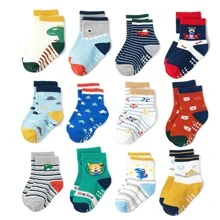 12 Pairs Anti-Slip Cartoon Animal Design Toddler Socks, Cotton Mid-Calf Socks For Boys, All Season - Multicolor - View 11