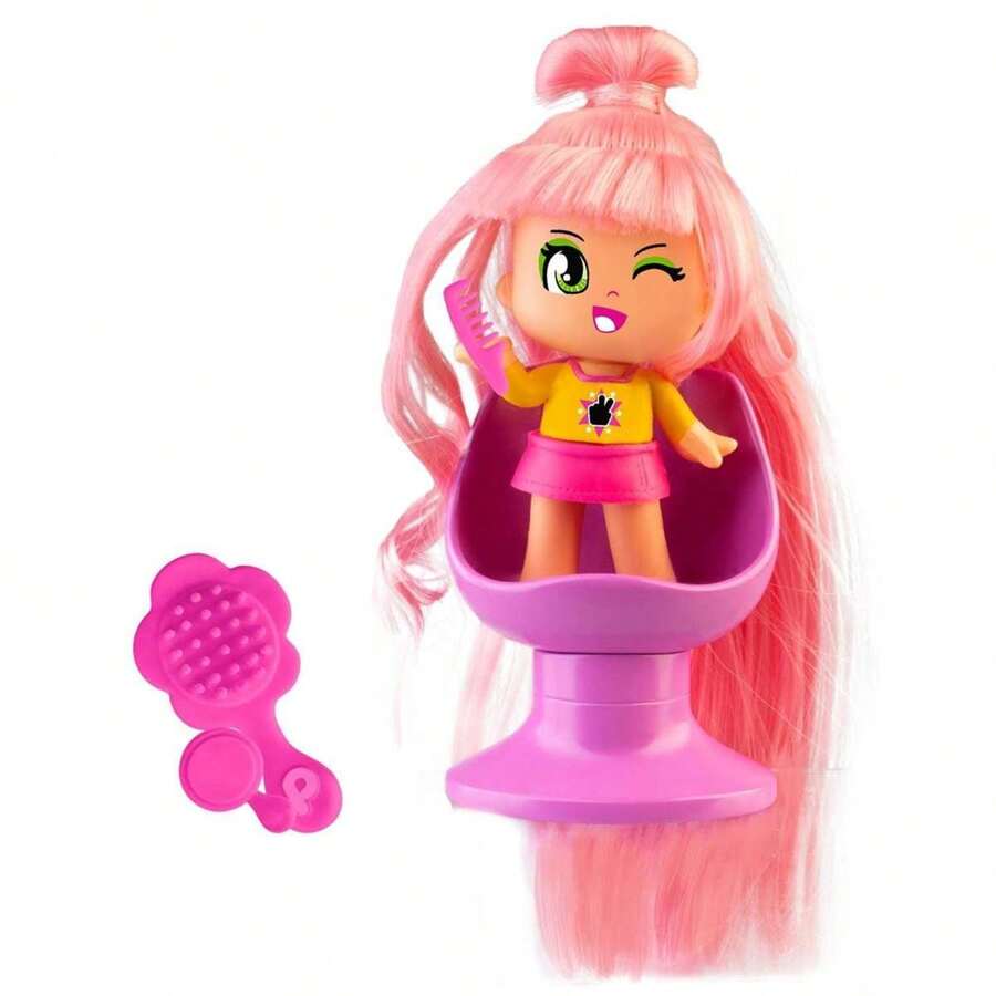 Pinypon Súper Melena Pelo Rosa, Mini Figura con el Pelo Largo, Muñeca para Hacer Peinados, con 1 Silla de Peluquería y 3 Accesorios para Jugar y Peinar, Desde 4 Años, Famosa (PNY32100) - Multicolor - Ver 1