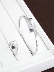 1pc Bangle + 1pc Ring Simple Cut Surface Design Copper Women's Jewelry Set - Multicolor - View 3