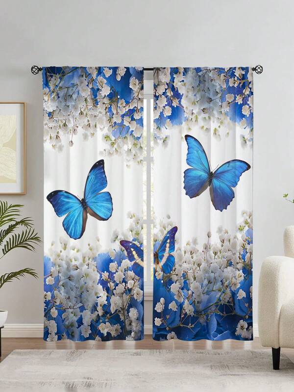 2 buc. Perdele fluture albastru, perdea fără găuri, consultați dormitor, birou, bucătărie, sufragerie, studiu, decor acasă