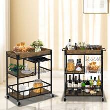 Bar Cart Wine Glass 3 With Basket Tier Home Rolling Rack With Wheels Mobile Kitchen Industrial Vintage Style Wood Metal Serving Trolley Serving Cart,Glass Holder Bar Cabinet - màu nâu - Xem 3