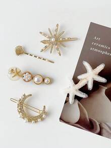 5入組女性海洋風格髮夾套裝,鑲嵌水鑽、珍珠、海星、貝殼、雪花的時尚奢華復古派對合金髮夾組 - 彩色 - 查看 11
