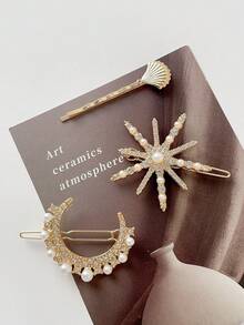 5入組女性海洋風格髮夾套裝,鑲嵌水鑽、珍珠、海星、貝殼、雪花的時尚奢華復古派對合金髮夾組 - 彩色 - 查看 8