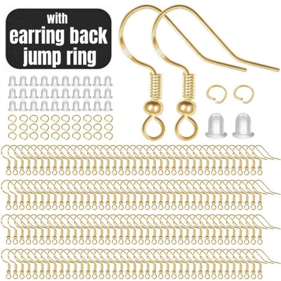 耳环钩，300 件银色防过敏耳环钩套件，用于珠宝制作，升级版高级耳环制作套件，耳环制作用品，带耳环背环和跳环 - 黃金 - 300 - 查看 1