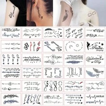 30入組英文系列刺青貼紙,男女適用,流行的星星、月亮、翅膀、羽毛、花卉設計,防水暫時性刺青 - 黑與白 - 查看 1