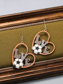 1 Pair Of Retro Wooden Fashion Sports Style Football Heart Hollow Out Personalized Creative Fun Earrings