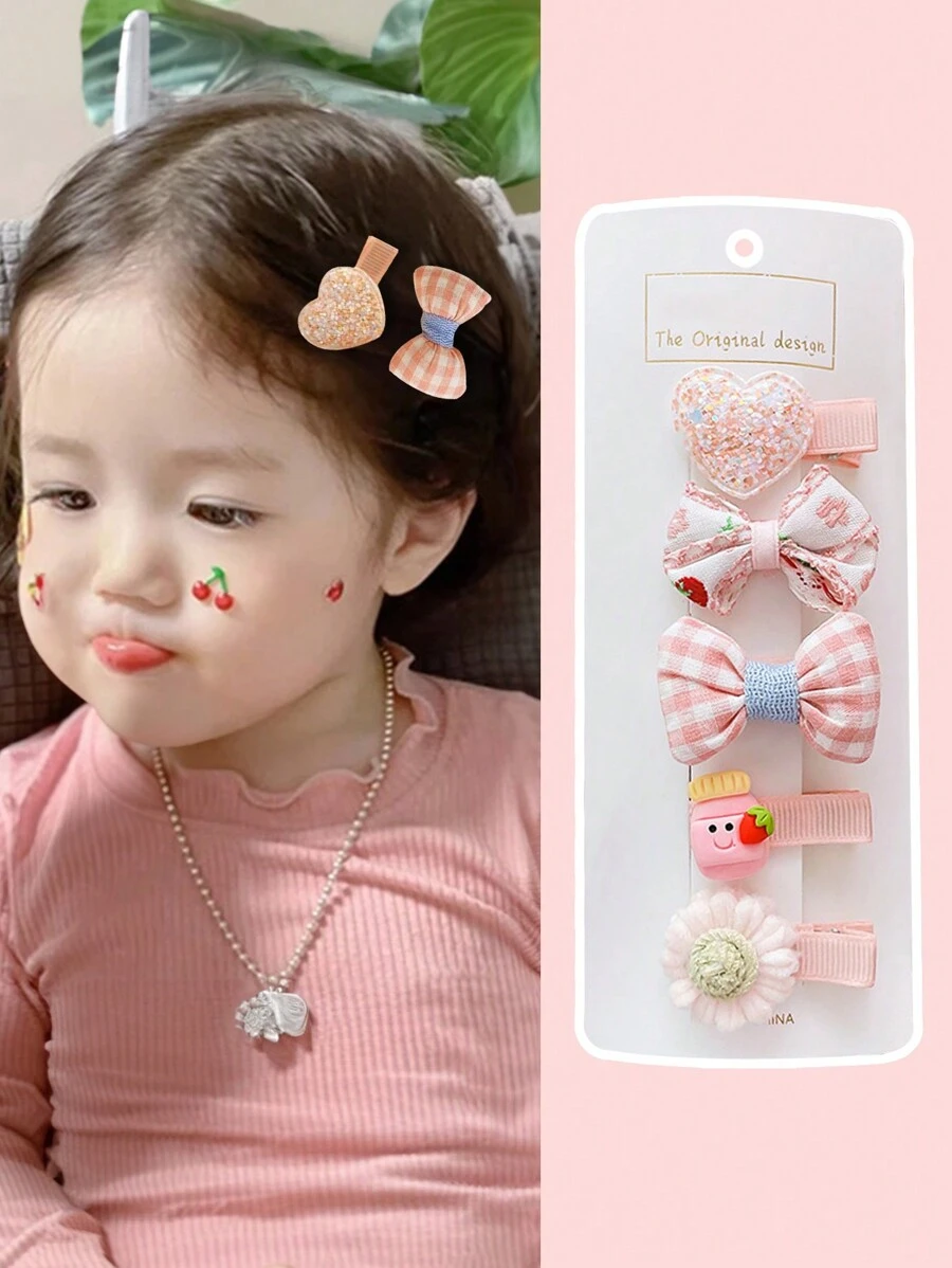 5入組兒童粉色可愛公主全包布料髮夾,包括蝴蝶、心形和其他設計款式 - 粉色 - 查看 1