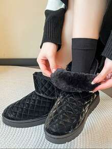 女款冬季保暖雪地靴,圓頭高筒踝靴,情侶款式厚底短靴,套腳設計 - 黑色 - 查看 2