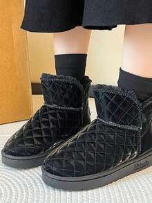 女款冬季保暖雪地靴,圓頭高筒踝靴,情侶款式厚底短靴,套腳設計 - 黑色 - 查看 4