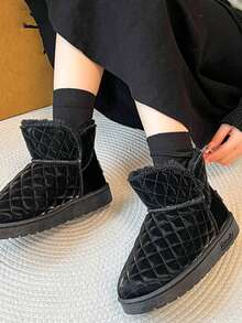 女款冬季保暖雪地靴,圓頭高筒踝靴,情侶款式厚底短靴,套腳設計 - 黑色 - 查看 5