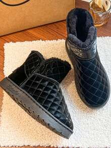 女款冬季保暖雪地靴,圓頭高筒踝靴,情侶款式厚底短靴,套腳設計 - 黑色 - 查看 3