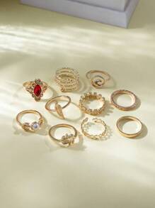 10 Cái/bộ Nữ Hợp Kim Mặt Trăng, Đầu Lâu, Ngọc Trai Giả, Ruby, Vàng, Vàng Ngày Nhẫn - Vàng - Xem 4