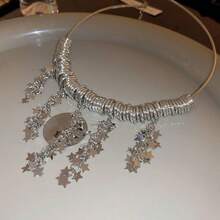 1 件鋼鈦星星流蘇設計項鍊,工業設計,獨特風格,多功能珠寶配件,適合女士日常佩戴,最適合節日送禮 - 銀色 - 查看 6