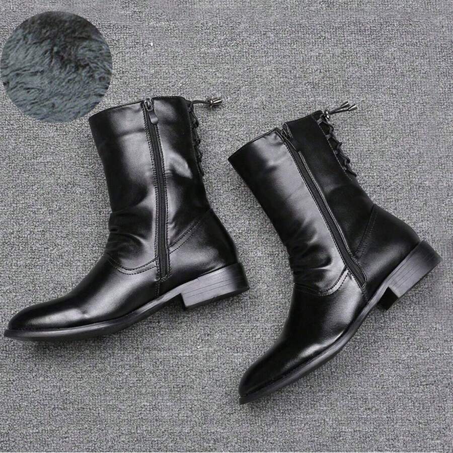 男士尖頭英倫風高筒靴子韓版時尚男士皮鞋冬季 - 黑色 - 查看 1