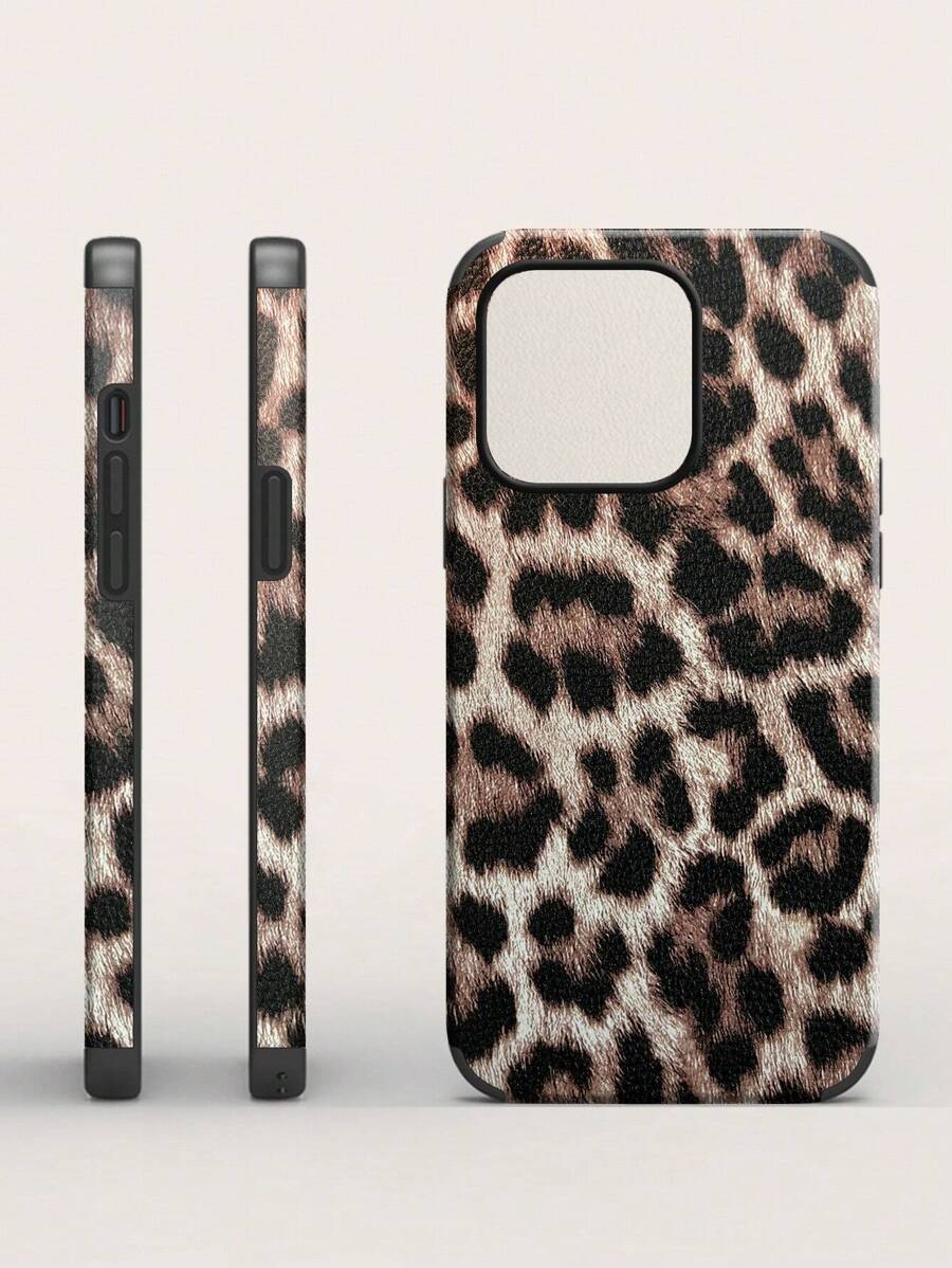 1 pezzo Custodia per telefono in silicone rivestito, antishock e antiurto, con controllo musicale e stampa leopardata in PU morbido in pelle per 11/12/13/14/15/16 Pro Max