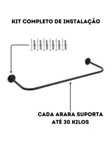 Arara De Parede Cabideiro de Roupa Super Resistente Ideal Para Loja De Roupas 60CM - Preto - Visão 3