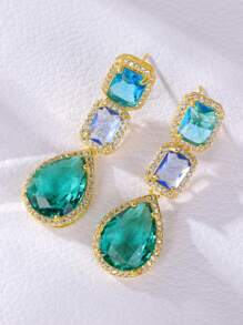 1對時尚奢華的方體氧化鋯和k9水晶鑲嵌銅吊墜耳環,適合日常穿著、婚禮、宴會、派對使用 - 金黃色 - 查看 3