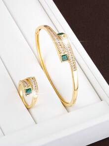 1pc Bangle + 1pc Ring Simple Cut Surface Design Copper Women's Jewelry Set - Multicolor - View 18