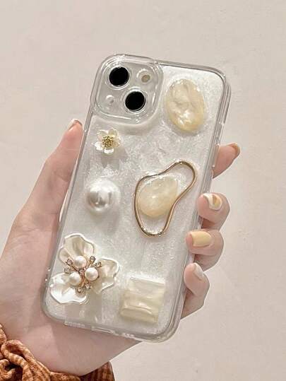 Beach 3d Flower, Faux Pearl & Gemstone Decor Phone Case Compatible With IPhone15/15Plus/15Pro/15Promax 14/13 Pro Max/12/11, Full Coverage Drop Protection Waterproof Shockproof Anti-Fall Scratch Resistant