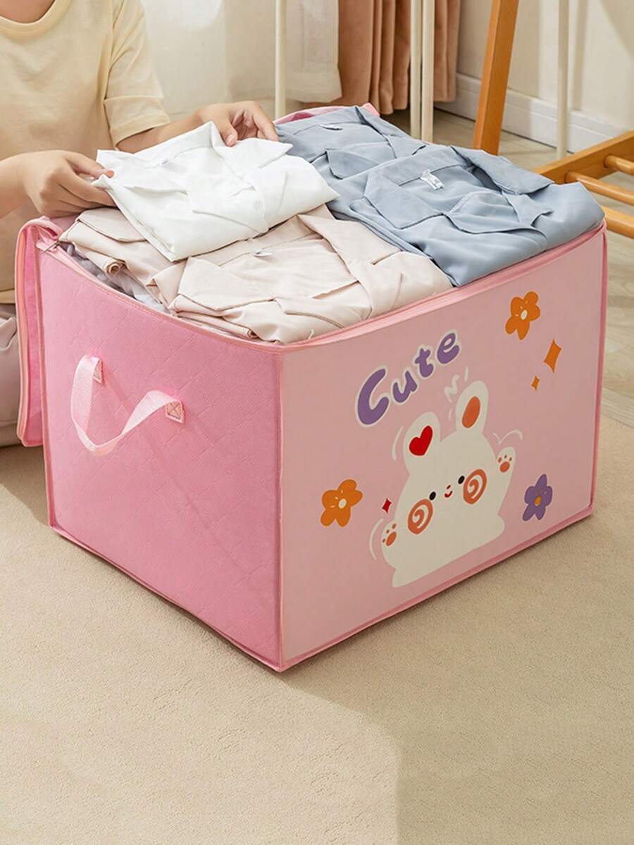 1pc Non-Woven Fabric Storage Bag, Foldable Storage Box, Plus Size Cartoon Lovely Dustproof Organizer, Suitable For Comforter, Pillow, Blanket, Bedding, Dustproof And Space-Saving - Pink - View 1