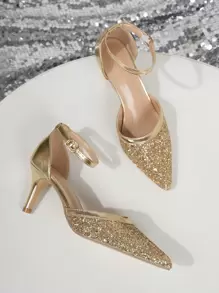 Gold Sequined Stiletto With Ankle Strap And Pointed Toe, High Heels With Hollow Out Design For Women's Spring And Autumn Outfit, Fashionable