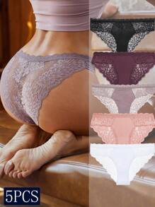 FINETOO 5pcs Lace Pattern Spliced Triangle Panties