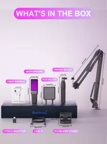 ZealSound A68 USB 电容游戏麦克风套件，带悬臂的播客电容 USB 麦克风，RGB 照明 - 即插即用，适用于 PC、5、手机 - 非常适合 Discord、Zoom 录制 - 附带 Type-C 适配器 - 静音按钮、三脚架、防喷罩和减震架 - 黑色 - 黑色 - 查看 7