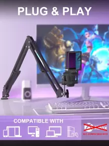ZealSound A68 USB 电容游戏麦克风套件，带悬臂的播客电容 USB 麦克风，RGB 照明 - 即插即用，适用于 PC、5、手机 - 非常适合 Discord、Zoom 录制 - 附带 Type-C 适配器 - 静音按钮、三脚架、防喷罩和减震架 - 黑色 - 黑色 - 查看 6
