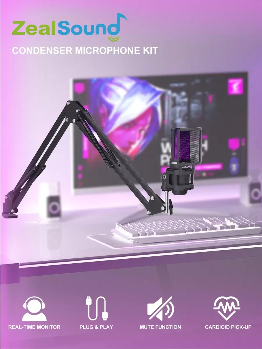 ZealSound A68 USB 电容游戏麦克风套件,带悬臂的播客电容 USB 麦克风,RGB 照明 - 即插即用,适用于 PC、5、手机 - 非常适合 Discord、Zoom 录制 - 附带 Type-C 适配器 - 静音按钮、三脚架、防喷罩和减震架 - 黑色 - 黑色 - 查看 1