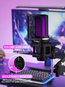 ZealSound A68 USB 电容游戏麦克风套件，带悬臂的播客电容 USB 麦克风，RGB 照明 - 即插即用，适用于 PC、5、手机 - 非常适合 Discord、Zoom 录制 - 附带 Type-C 适配器 - 静音按钮、三脚架、防喷罩和减震架 - 黑色 - 黑色 - 查看 4