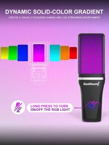 ZealSound A68 USB 电容游戏麦克风套件，带悬臂的播客电容 USB 麦克风，RGB 照明 - 即插即用，适用于 PC、5、手机 - 非常适合 Discord、Zoom 录制 - 附带 Type-C 适配器 - 静音按钮、三脚架、防喷罩和减震架 - 黑色 - 黑色 - 查看 3