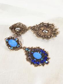 1pair Vintage Style Retro Blue Floral Hollow Out Design Ear Studs Decorated With Rhinestones For Daily Wear - Royal Blue - View 3