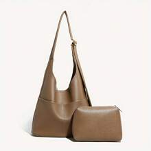 Oil Leather Corduroy Tote Bag All-Match Large Capacity Shoulder Bag Minimalist Handbag - Khaki - View 1
