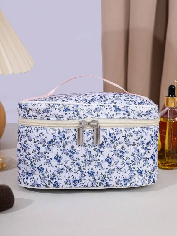1pc Large Capacity Square Shaped Portable Makeup Bag For Women, With Ditsy Floral, Foldable And Suitable For Home Or Travel Use For Travel Storage Bag, Makeup Bag, Cosmetic Bag, Vacation Organizer, Large Capacity Makeup Organizer Makeup Case, For Lipstick, Brush, Skincare, Mobile Phone, Coin, Small Items, For Home, Gift, Vacation And Festival Halloween Christmas Multifunctional Use, Boho Vibes,For Holiday Beach, Bathroom Collection, Bedroom Collection, Large Capacity