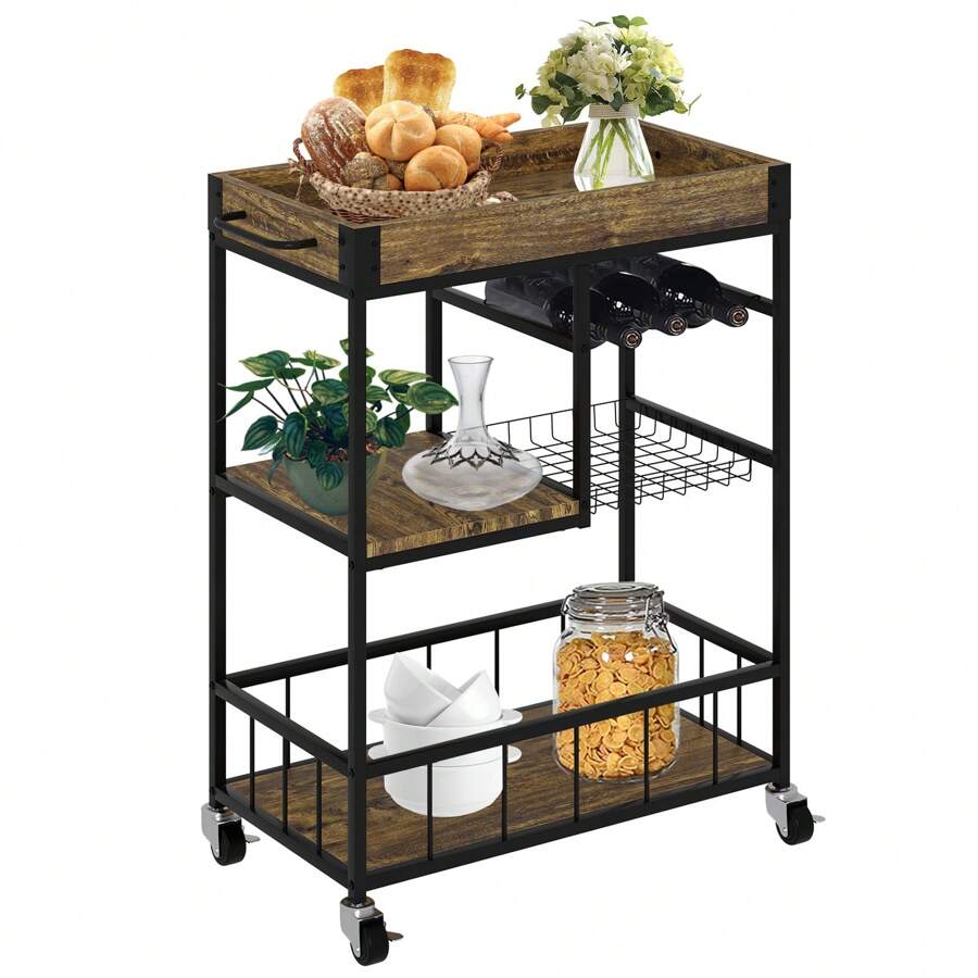 Bar Cart Wine Glass 3 With Basket Tier Home Rolling Rack With Wheels Mobile Kitchen Industrial Vintage Style Wood Metal Serving Trolley Serving Cart,Glass Holder Bar Cabinet - màu nâu - Xem 1