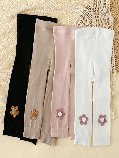 4pcs Baby Girls' Solid Color Cropped Leggings, Suitable For Daily Life